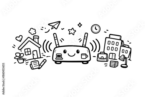 Hybrid Work Router. Doodle-style vector icon of a hybrid work router, friendly device sending balanced signal waves toward home