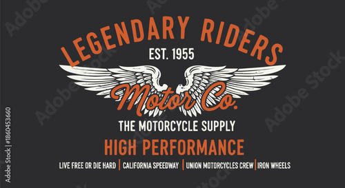 Vintage "Legendary Riders" motorcycle company logo featuring wings and high-performance message.