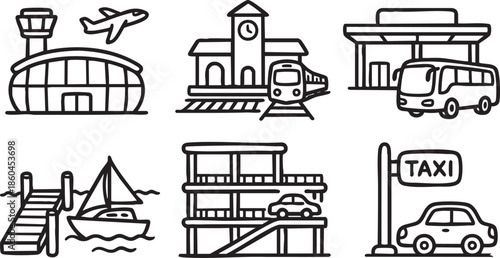Collection of six black and white transportation including airport train station bus stop boat dock parking garage and taxi