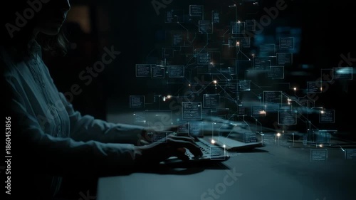 Medium shot of a user tracking traceable bookings through a transparent blockchain interface for reliable records.