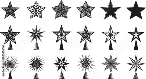 Set of black silhouette Christmas star tree topper icons, vector holiday decoration symbol, festive ornament design element, winter celebration concept.