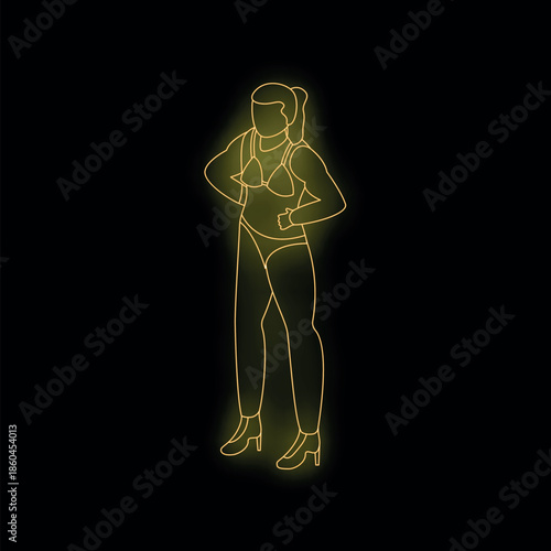 Neon outline of a strong woman flexing her muscles, showcasing her physique and confidence