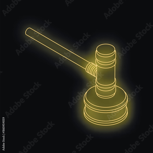 Golden glowing gavel hitting sound block, symbolizing judgment, justice, and legality in court proceedings