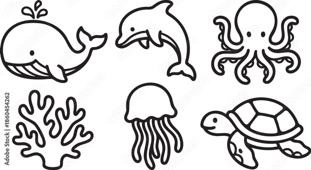 Fototapeta premium Collection of six simple black line of marine animals and coral whale dolphin octopus jellyfish