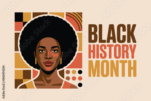 A vibrant illustration celebrates black history month with a portrait of a woman and afro hairstyle