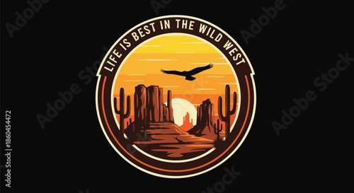 Vintage Wild West Desert Landscape with Eagle and Cacti.