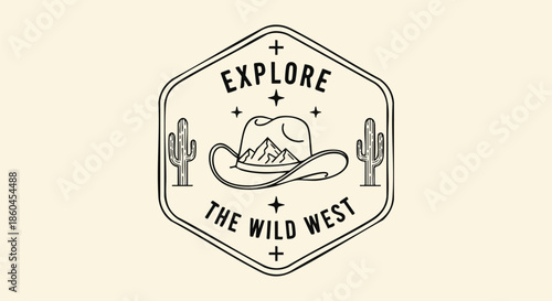Vintage Wild West Emblem with Cowboy Hat, Mountains, and Cacti for Exploration and Adventure.