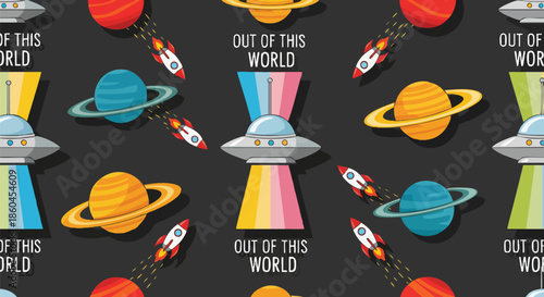Whimsical Space Pattern with UFOs, Rockets, and Planets Seamless Vector Illustration.