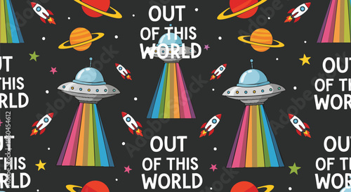 Whimsical Rainbow UFO and Rocket Pattern for Space Enthusiasts and Kids.