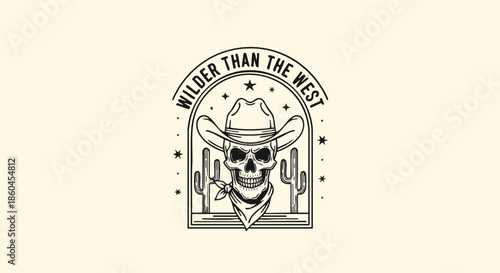 Wilder Than the West Skull Cowboy Hat Cactus Retro Vintage Emblem Art.