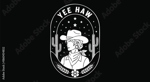 Yee Haw Cowboy Woman in Desert Landscape with Cacti and Stars.