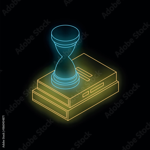 Isometric neon blue hourglass on yellow glowing folder symbolizing time management and deadline on black background