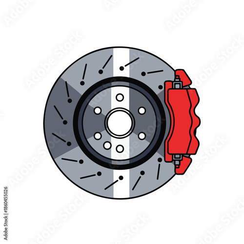 red brake caliper on grey rotor disk.