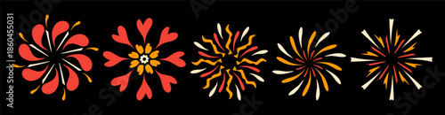 Set of abstract colorful firework spark ornaments on black background with chinese festive color palette