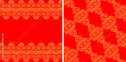 Abstract orange interlocking infinity number eight pattern background and border on bright red backdrop
