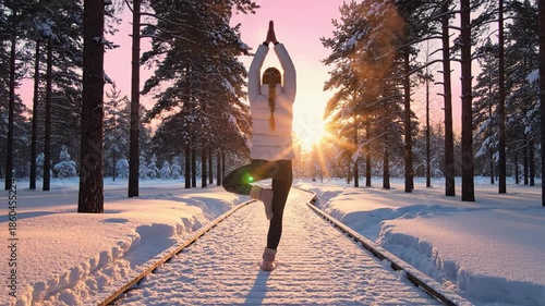 Woman practices yoga tree pose on snowy path amidst pine forest at sunset. Peaceful winter wellness scene. Ideal for fitness, mindfulness, and healthy lifestyle concepts.