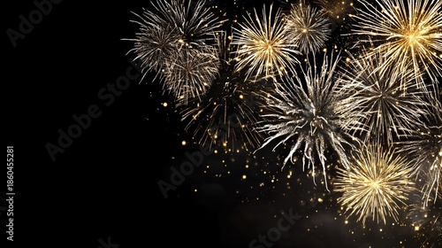 New year's eve celebration with ultra realistic golden sparkles and blooming fireworks in sky, black background, banner format with copy space at top, horizontal layout and high resolution