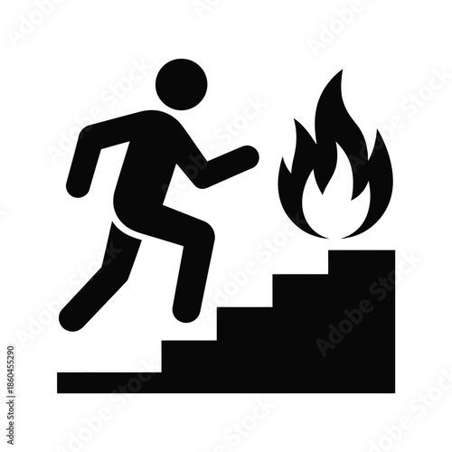 Person running up stairs to escape fire icon symbol for emergency exit and safety procedures on transparent background