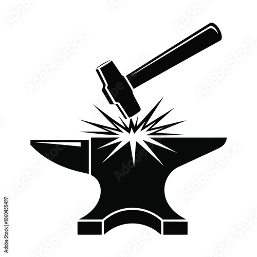 Black silhouette of a hammer hitting an anvil with sparks isolated on a transparent background blacksmith work