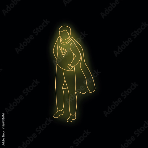 Neon sign of a superhero standing proudly, wearing a cape and a t shirt with a logo, embodying strength and heroism