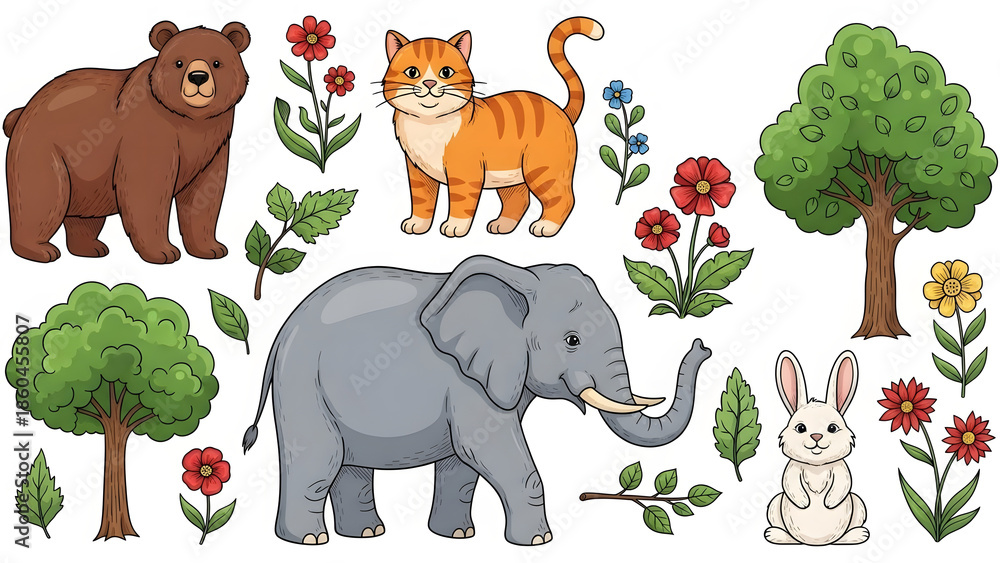 Fototapeta premium Colorful cartoon animals and plants bear