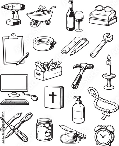 practical grid of household religious and professional objects eps