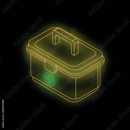 Isometric view of a glowing neon first aid kit, symbolizing emergency medical care and healthcare services