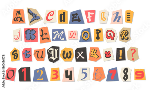Colorful anonymous font, Vector retro magazine alphabet with cut out letters from newspaper on different sheets of paper