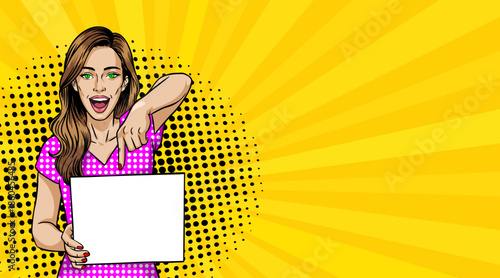A girl with a blank poster in a comic pop art style