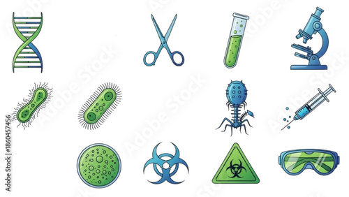 Biotechnology and Microbiology Science Icon Set with DNA Helix Microscope Bacteria and Laboratory Equipment on White Background