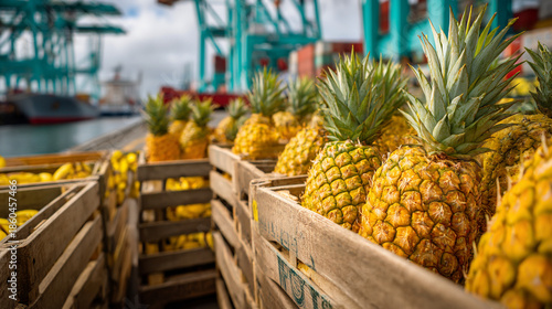 Pineapples are stacked in wooden crates at a port with large cranes and a ship in the background under a cloudy sky