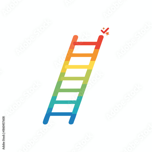 Colorful ladder, leading upwards. Check mark and stars at the top, on a white background