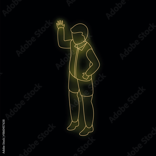 Neon yellow outline of a young man waving his hand, isolated on a black background