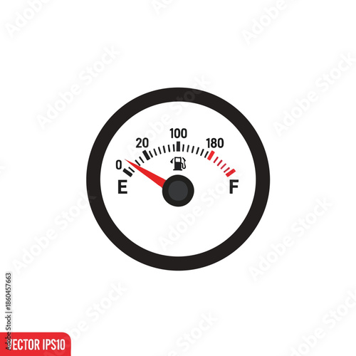 Illustration of a fuel gauge displaying low level, with black frame, red needle, and white face