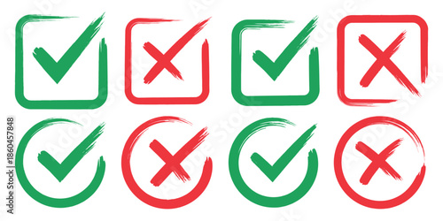 Grunge vector checkmark and cross. Grunge green check mark and red cross mark icon set. brush correct or incorrect sign with circle