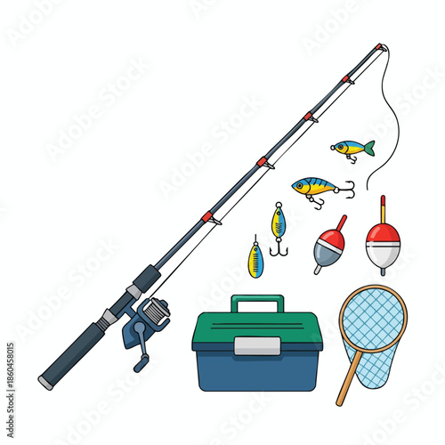 Vector illustration of fishing gear rod, lures, hooks, floats, tackle box, and net