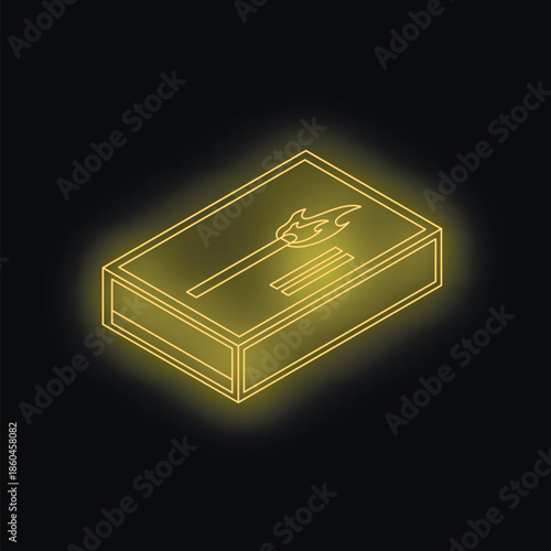 Glowing matchbox with burning matchstick illuminating dark background, perfect for representing concepts of fire, light, and ignition
