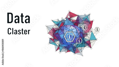 Abstract Data Cluster Geometric Network Visualization with Neural Connection Nodes and Triangles on White Background