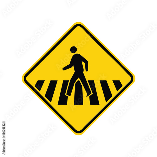 Pedestrian crosswalk warning sign, yellow with a black border, showing crossing person