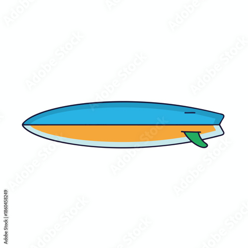 A stylized cartoon surfboard with a blue top, orange center, and green fin