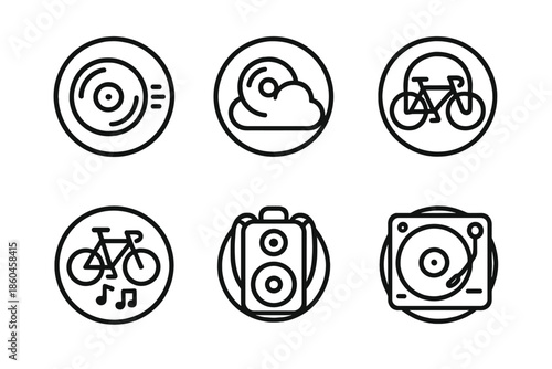 Vinyl Journey Icons. Line style circular vector icons of vinyl journey: record wheels spinning, sound cloud trail, headset bicycle