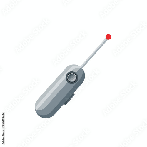 A stylized grey remote control with an antenna and a red dot on a white background