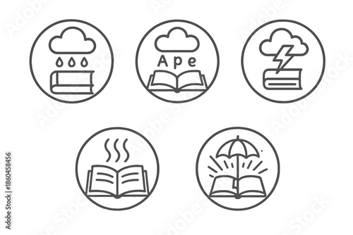 Rainy Reading Icons. Line style circular vector icons of rainy reading mood: cozy book cloud, gentle drizzle of letters, thunder