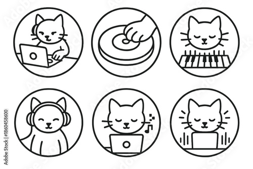 Cyber DJ Cat. Line style circular vector icons of cyber cat: DJ cat at laptop console, paw on turntable pad, glowing keyboard
