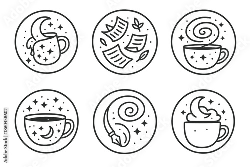 Dreamy Literary Symbols. Line style circular vector icons of dreamy literature: moon mug spilling stars, flying paper leaves,