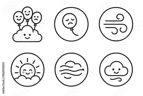 Sky Emotions Icons. Line style circular vector icons of sky emotions: cloud cluster with happy balloons, sad face drifting away,