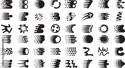 Collection of various abstract black brush stroke design elements on white background for creative projects