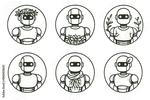 Bio-Mechanical Elegance. Line style circular vector icons of bio-mechanical elegance: robot adorned with leafy crown, floral belt,