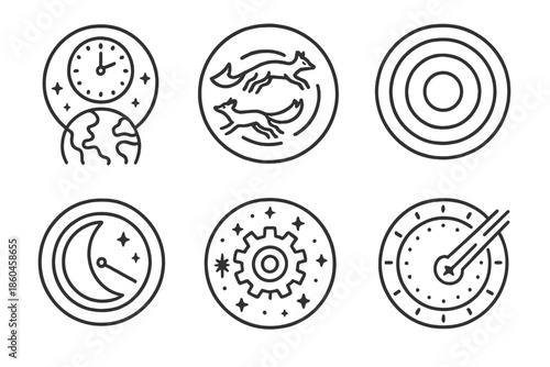 Stellar Rhythm Icons. Line style circular vector icons of stellar rhythm: floating clock around miniature world, foxes running in