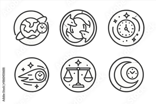 Astral Fox Clockwork. Line style circular vector icons of astral fox time: miniature planet with orbiting clock, foxes in circular
